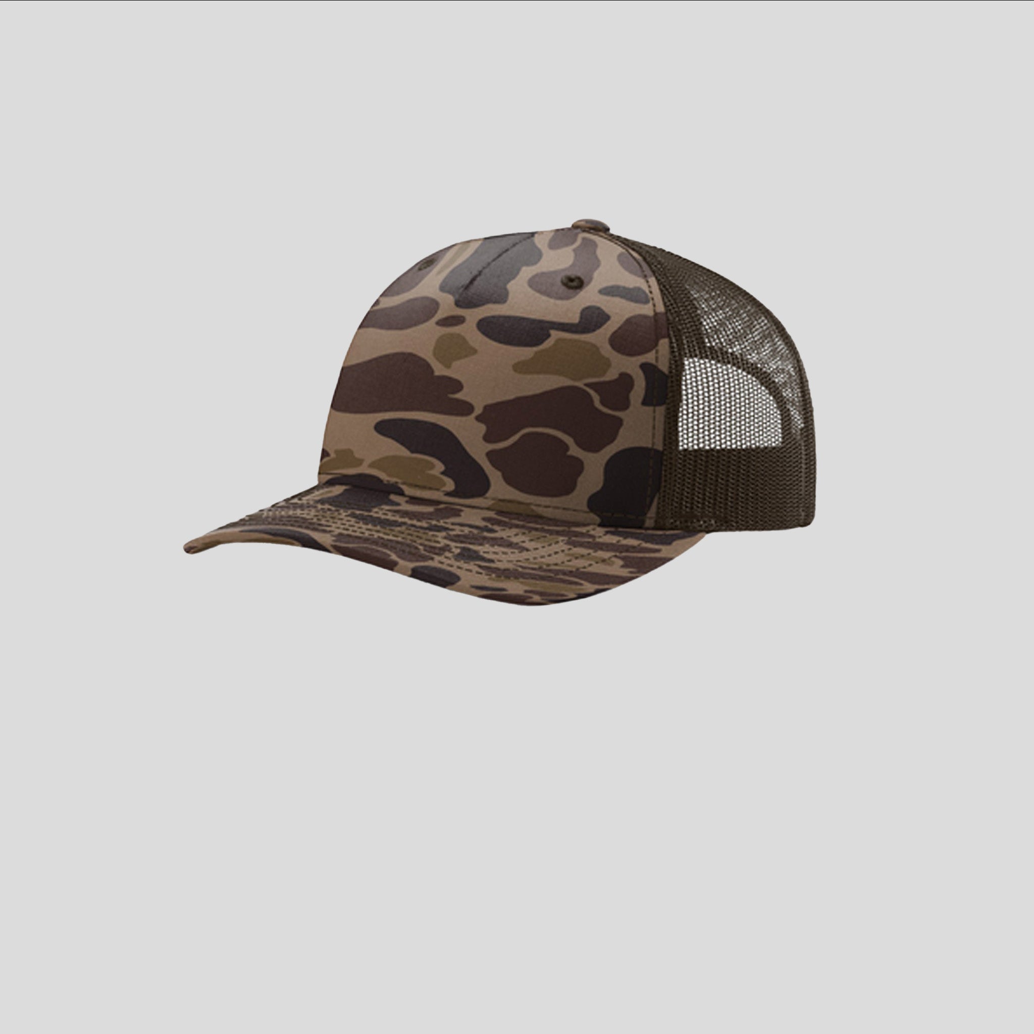 Printed Five-Panel Trucker Hat | Bark Duck Camo/Brown