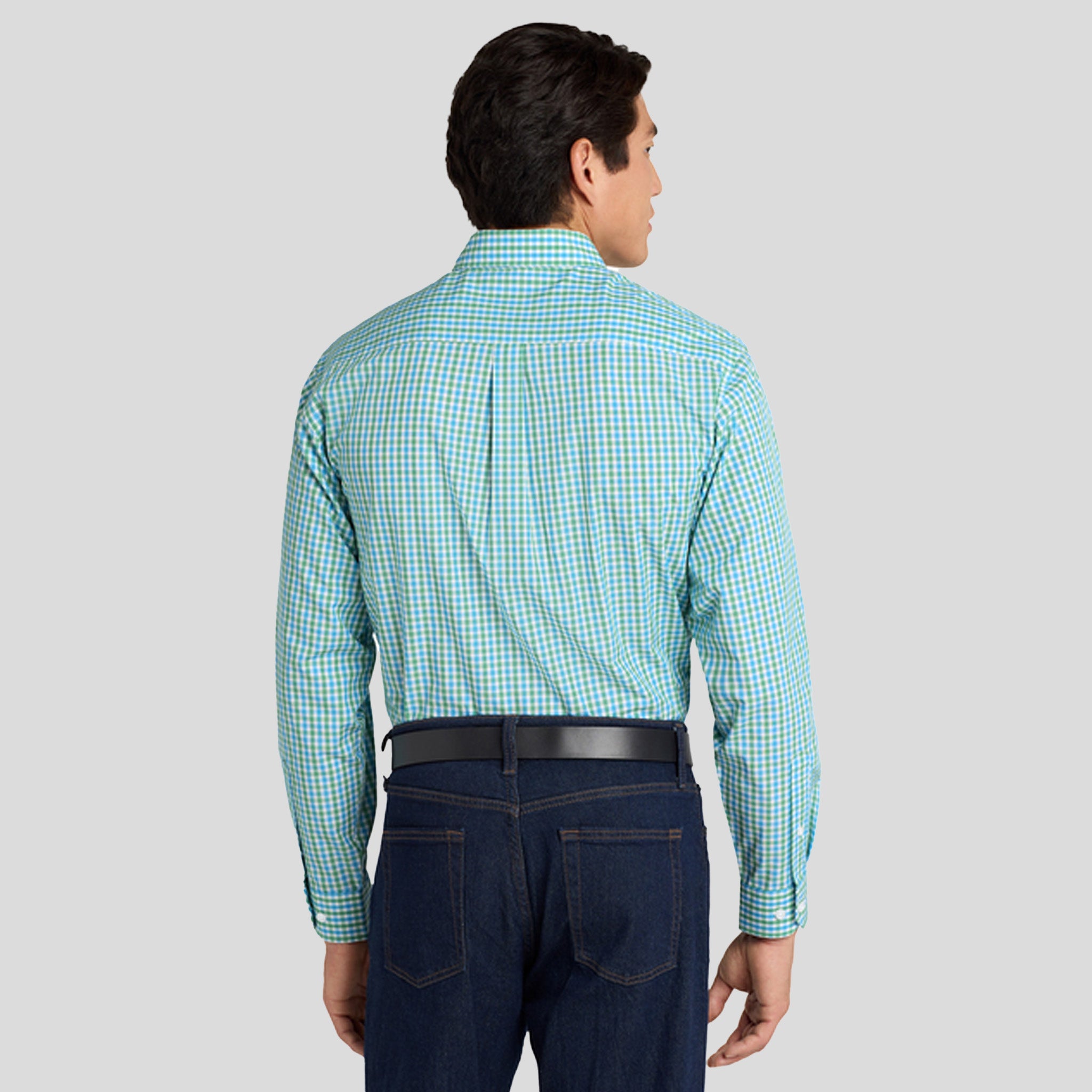 Long Sleeve Gingham Easy Care Shirt | Green/Aqua