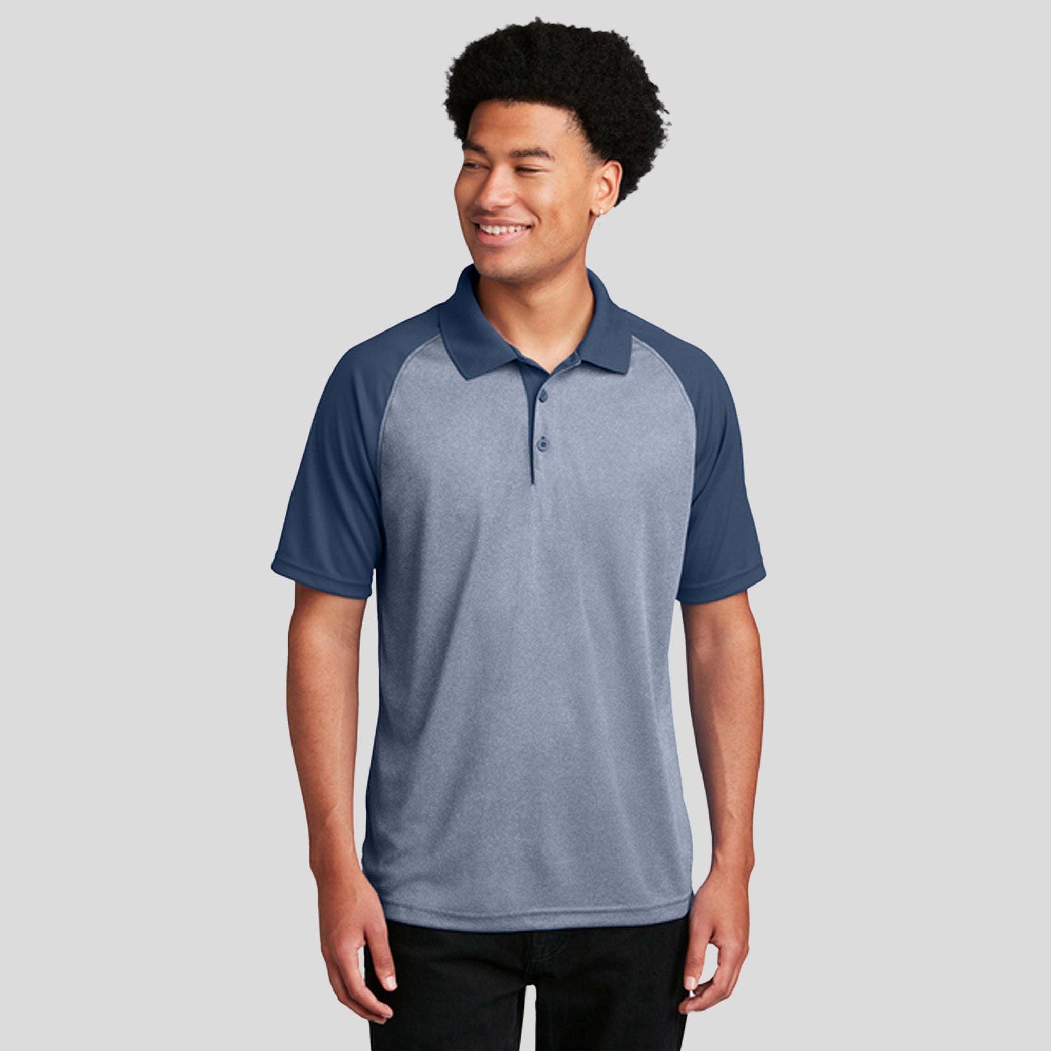 PosiCharge® RacerMesh® Raglan Heather Block Polo | True Navy Heather/True Navy (90 Days)